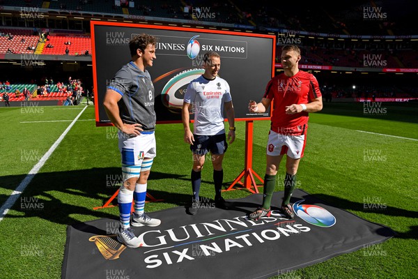190322 - Wales v Italy - Guinness Six Nations - Michele Lamaro of Italy, Referee Andrew Brace and Dan Biggar of Wales during the coin toss
