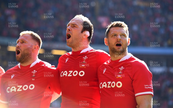190322 - Wales v Italy - Guinness Six Nations - Alun Wyn Jones and Dan Biggar of Wales during the anthems