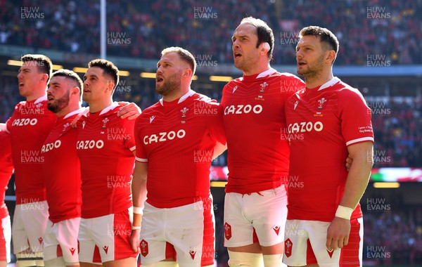 190322 - Wales v Italy - Guinness Six Nations - Alun Wyn Jones and Dan Biggar of Wales during the anthems