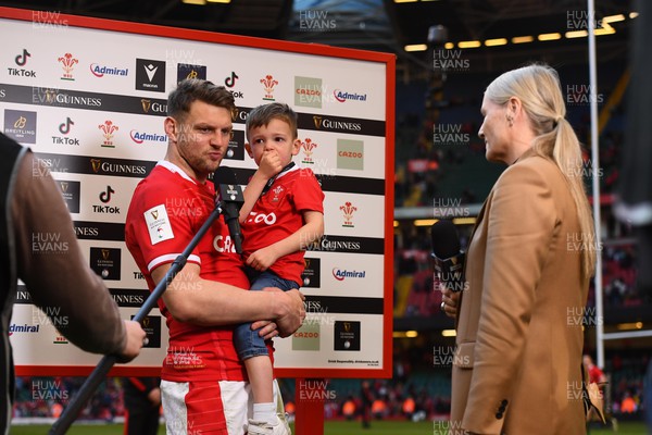 190322 - Wales v Italy - Guinness Six Nations - Dan Biggar of Wales and son James is interviewed by Sonja McLaughlan after the game