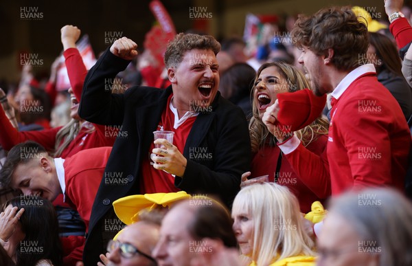 190322 - Wales v Italy - Guinness 6 Nations - Fans celebrate when Wales score a try