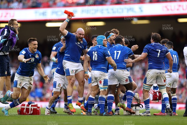 190322 - Wales v Italy - Guinness 6 Nations - Italy celebrate winning the game at full time