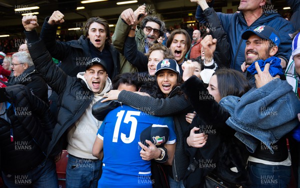 190322 Wales v Italy, Guinness Six Nations 2022 - Ange Capuozzo of Italy celebrates with fans after the win in Cardiff