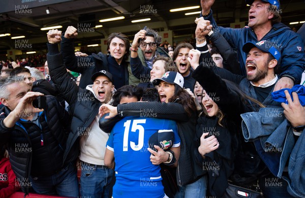 190322 Wales v Italy, Guinness Six Nations 2022 - Ange Capuozzo of Italy celebrates with fans after the win in Cardiff