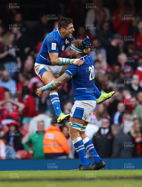 190322 Wales v Italy, Guinness Six Nations 2022 - Juan Ignacio Brex of Italy and Niccolo Cannone of Italy celebrate on the final whistle