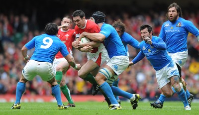 20.03.10 - Wales v Italy - RBS Six Nations 2010 - Stephen Jones of Wales is tackled by Carlo Antonio Del Fava of Italy. 