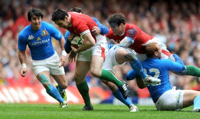 20.03.10 - Wales v Italy - RBS Six Nations 2010 - Stephen Jones of Wales is tackled by Craig Gower of Italy. 