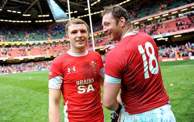 20.03.10 - Wales v Italy - RBS Six Nations 2010 - Tom Prydie who played his first game for Wales today aged 18 shows his age with the help of Ian Gough. 