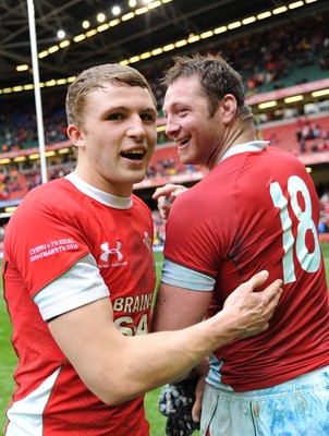 20.03.10 - Wales v Italy - RBS Six Nations 2010 - Tom Prydie who played his first game for Wales today aged 18 shows his age with the help of Ian Gough. 
