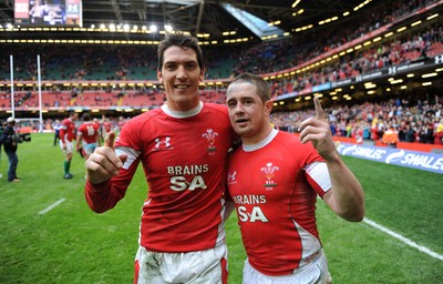 20.03.10 - Wales v Italy - RBS Six Nations 2010 - Wales try scorers James Hook and Shane Williams celebrate win. 