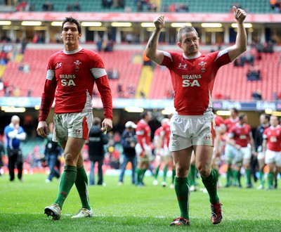 20.03.10 - Six Nations Rugby, Wales v Italy Wales' try scorers James Hook and Shane Williams show their appreciation to the fans at the end of the match 