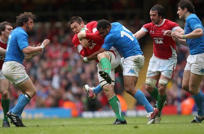 20.03.10 ... Wales v Italy, RBS 6 Nations 2010 -  Wales' Gareth Delve is tackled by Italy's Manoa Vosawai  