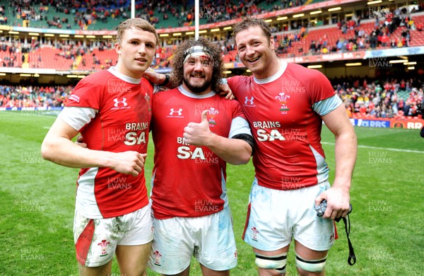 20.03.10 - Wales v Italy - RBS Six Nations 2010 - Tom Prydie, Adam Jones and Ian Gough of Wales celebrate win. 