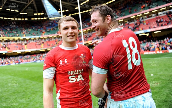 20.03.10 - Wales v Italy - RBS Six Nations 2010 - Tom Prydie who played his first game for Wales today aged 18 shows his age with the help of Ian Gough. 