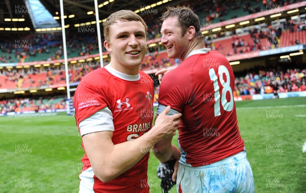 20.03.10 - Wales v Italy - RBS Six Nations 2010 - Tom Prydie who played his first game for Wales today aged 18 shows his age with the help of Ian Gough. 