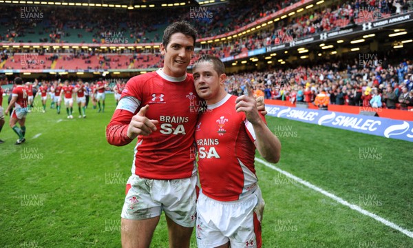 20.03.10 - Wales v Italy - RBS Six Nations 2010 - Wales try scorers James Hook and Shane Williams celebrate win. 