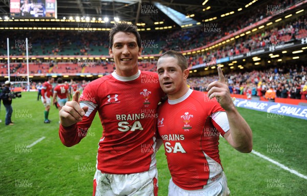 20.03.10 - Wales v Italy - RBS Six Nations 2010 - Wales try scorers James Hook and Shane Williams celebrate win. 