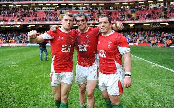 20.03.10 - Wales v Italy - RBS Six Nations 2010 - Tom Prydie, Sam Warburton and Paul James of Wales celebrate win. 