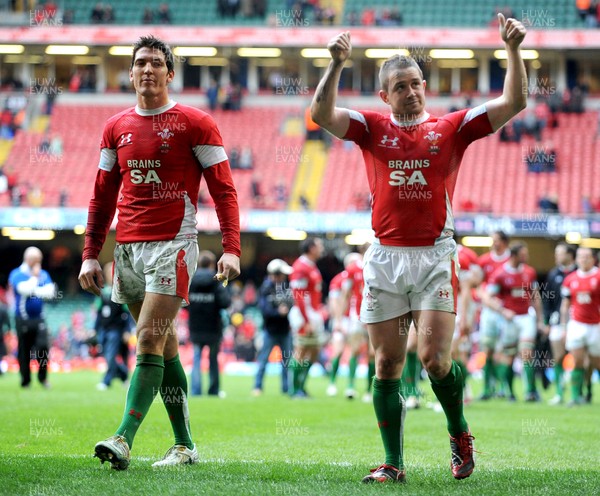 20.03.10 - Six Nations Rugby, Wales v Italy Wales' try scorers James Hook and Shane Williams show their appreciation to the fans at the end of the match 