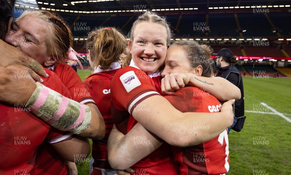 270424 - Wales v Italy, Guinness Women’s 6 Nations - Carys Cox of Wales celebrates with Jenny Hesketh of Wales at the end of the match