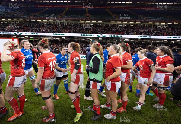 270424 - Wales v Italy, Guinness Women’s 6 Nations - Wales players congratulate the Italians at the end of the match