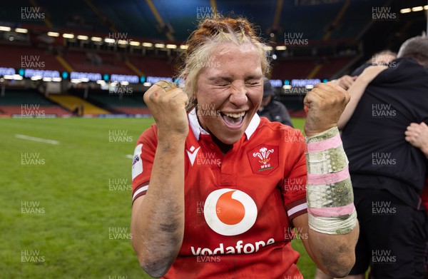 270424 - Wales v Italy, Guinness Women’s 6 Nations - Georgia Evans of Wales celebrates at the end of the match