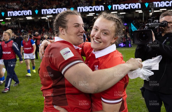 270424 - Wales v Italy, Guinness Women’s 6 Nations - Carys Phillips of Wales and Lleucu George of Wales celebrate at the end of the match
