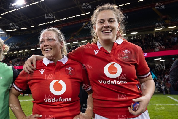 270424 - Wales v Italy, Guinness Women’s 6 Nations - Kelsey Jones of Wales and Natalia John of Wales celebrate at the end of the match