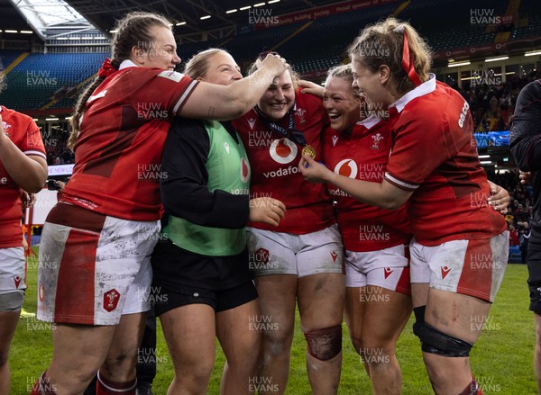 270424 - Wales v Italy, Guinness Women’s 6 Nations - Gwenllian Pyrs of Wales is congratulated on Player of the Match by team mates at the end of the match