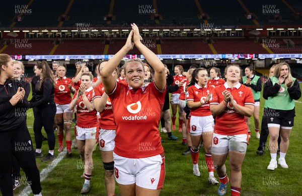 270424 - Wales v Italy, Guinness Women’s 6 Nations - Kelsey Jones of Wales celebrates at the end of the match