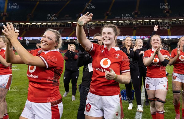 270424 - Wales v Italy, Guinness Women’s 6 Nations - Kelsey Jones of Wales and Kate Williams of Wales celebrate at the end of the match