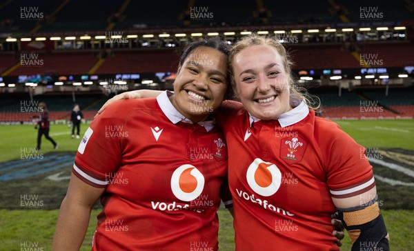 270424 - Wales v Italy, Guinness Women’s 6 Nations - Sisilia Tuipulotu of Wales and Abbie Fleming of Wales at the end of the match