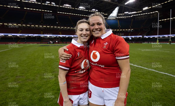 270424 - Wales v Italy, Guinness Women’s 6 Nations - Keira Bevan of Wales and Kelsey Jones of Wales at the end of the match