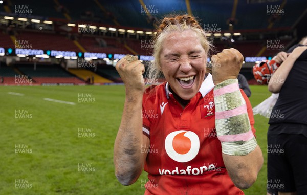 270424 - Wales v Italy, Guinness Women’s 6 Nations - Georgia Evans of Wales celebrates at the end of the match