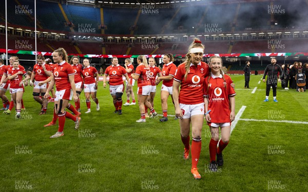 270424 - Wales v Italy, Guinness Women’s 6 Nations - Hannah Jones of Wales with mascot Nia Mair Webb after the anthems