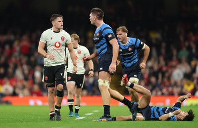 151125 - Wales v Japan, Quilter Nations Series - Alex Mann of Wales reacts and challenges Harry Hockings of Japan after a dangerous challenge