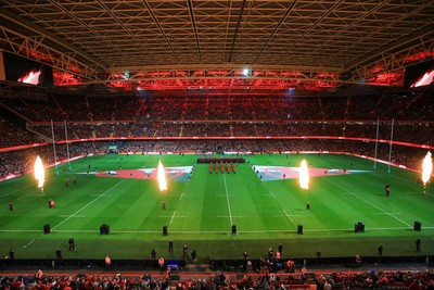 151125 - Wales v Japan - Quilter Nations Series - General view of prematch pyrotechnics in the Principality Stadium