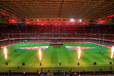 151125 - Wales v Japan - Quilter Nations Series - General view of prematch pyrotechnics in the Principality Stadium