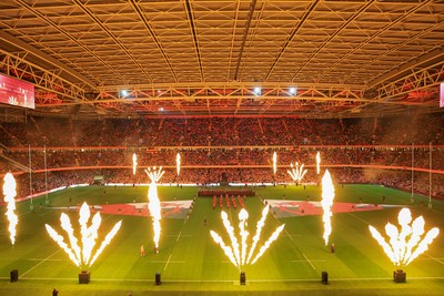 151125 - Wales v Japan - Quilter Nations Series - General view of prematch pyrotechnics in the Principality Stadium