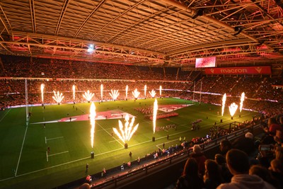 151125 - Wales v Japan - Quilter Nations Series - The Principality stadium lit up with flames ahead of the match