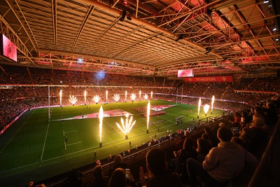 151125 - Wales v Japan - Quilter Nations Series - The Principality stadium lit up with flames ahead of the match