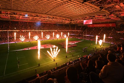 151125 - Wales v Japan - Quilter Nations Series - The Principality stadium lit up with flames ahead of the match