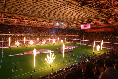 151125 - Wales v Japan - Quilter Nations Series - The Principality stadium lit up with flames ahead of the match