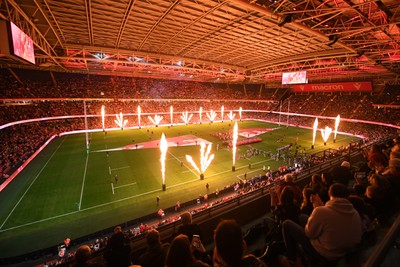 151125 - Wales v Japan - Quilter Nations Series - The Principality stadium lit up with flames ahead of the match