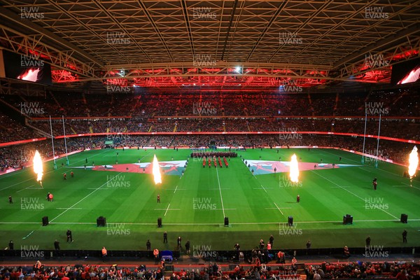 151125 - Wales v Japan - Quilter Nations Series - General view of prematch pyrotechnics in the Principality Stadium