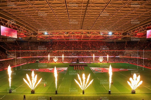 151125 - Wales v Japan - Quilter Nations Series - General view of prematch pyrotechnics in the Principality Stadium