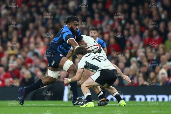 151125 - Wales v Japan - Quilter Nations Series - Faulua Makisi of Japan takes on Olly Cracknell and Dan Edwards of Wales