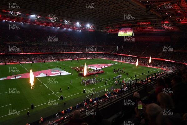 151125 - Wales v Japan - Quilter Nations Series - The Principality stadium lit up with flames ahead of the match
