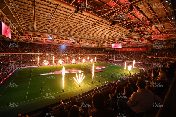 151125 - Wales v Japan - Quilter Nations Series - The Principality stadium lit up with flames ahead of the match