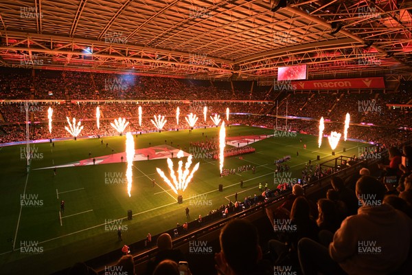 151125 - Wales v Japan - Quilter Nations Series - The Principality stadium lit up with flames ahead of the match